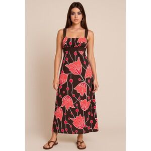 Y2K Mod Floral Maxi Dress‎ Women's S-M Brown Pink Retro Stretchy Boho Resortwear